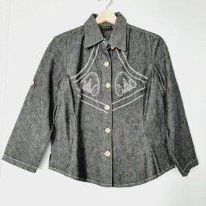 ORLY Denim 3/4 Utility Sleeve Jean Embroidery Button Down Shacket Sz 6